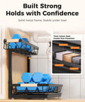 Score Big On Home Organization With This Hella Spacious Three Pack Under Sink Organizer Height Adjustable Storage Rack In Black for spray bottles, sturdy metal frame.