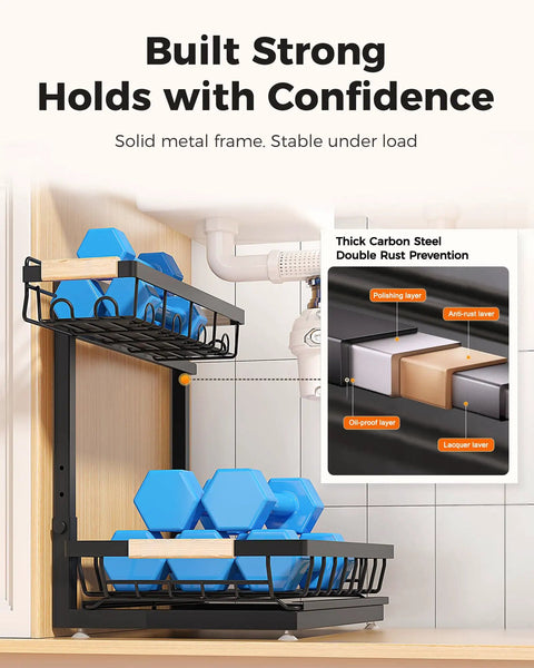 Score Big On Home Organization With This Hella Spacious Three Pack Under Sink Organizer Height Adjustable Storage Rack In Black for spray bottles, sturdy metal frame.