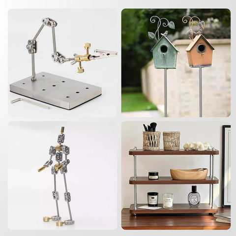 4 images showing various uses: metal armature, decorative birdhouses, metal figure model, and wooden shelf with items displayed.