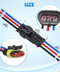 3 Pin Waterproof Electrical Wire Connectors Kit For Automotive Cars Trucks Motorcycles And Marine Boats Quick Disconnect Plug Sockets Male And Female Pre Crimped And Soldered For Easy Install, with measurements shown.