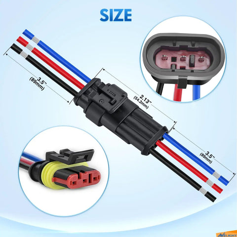 3 Pin Waterproof Electrical Wire Connectors Kit For Automotive Cars Trucks Motorcycles And Marine Boats Quick Disconnect Plug Sockets Male And Female Pre Crimped And Soldered For Easy Install, with measurements shown.
