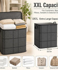 Hella Durable 180 Liter Moving Storage Container With Thick Loop Handles And Tight Seal Zipper Closure for bulky comforters stacked neatly.