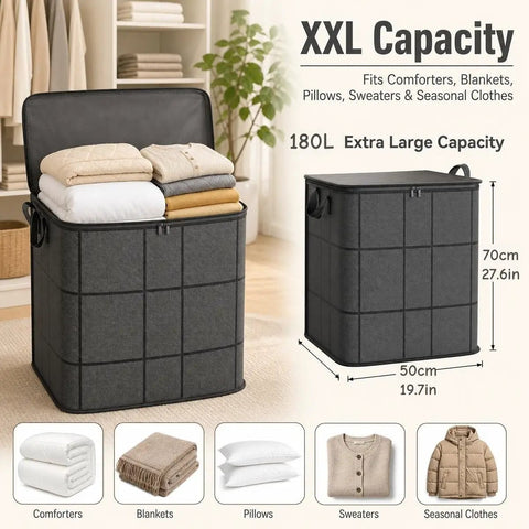 Hella Durable 180 Liter Moving Storage Container With Thick Loop Handles And Tight Seal Zipper Closure for bulky comforters stacked neatly.