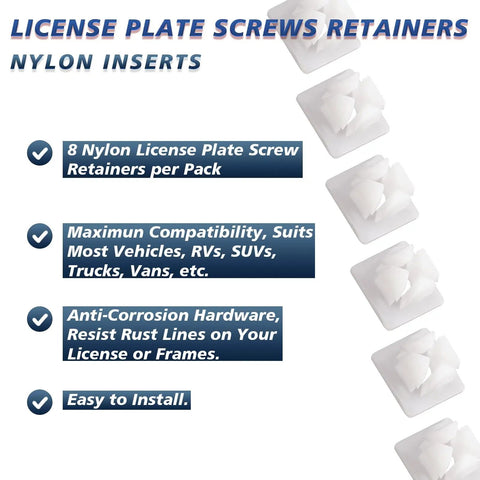 License Plate Screw Inserts Eight Pack Set Durable Nylon Retainer Clips For Front And Rear Plates Text Details