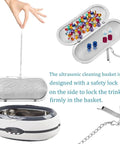 Straight Up Heavy Duty Stainless Steel Mesh Basket Pair For Ultrasonic Jewelry Cleaner And Small Parts Washer Built Tough For No Sweat Cleaning And Effortless Rinsing Daily with safety lock and colorful trinkets inside.