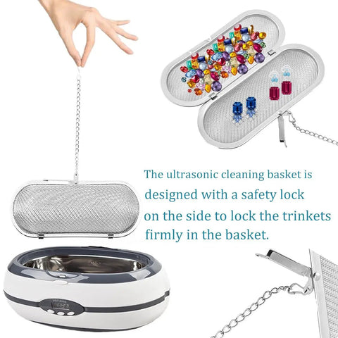 Straight Up Heavy Duty Stainless Steel Mesh Basket Pair For Ultrasonic Jewelry Cleaner And Small Parts Washer Built Tough For No Sweat Cleaning And Effortless Rinsing Daily with safety lock and colorful trinkets inside.