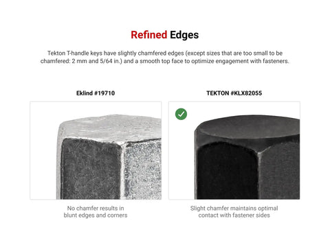 Comparison of chamfered edges on hex keys showing refined finishes from Ball End Hex T Handle Key Set With Stand 11 Piece SAE Sizes Five Sixty Fourth To Three Eighths Inch For Tight Spots And Easy Adjustments For Home And Auto Use
