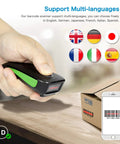 Person holding Pocket 1D Barcode Scanner With Bluetooth USB And 2.4G Wireless 3 In 1 Connection, scanning barcode on phone screen.
