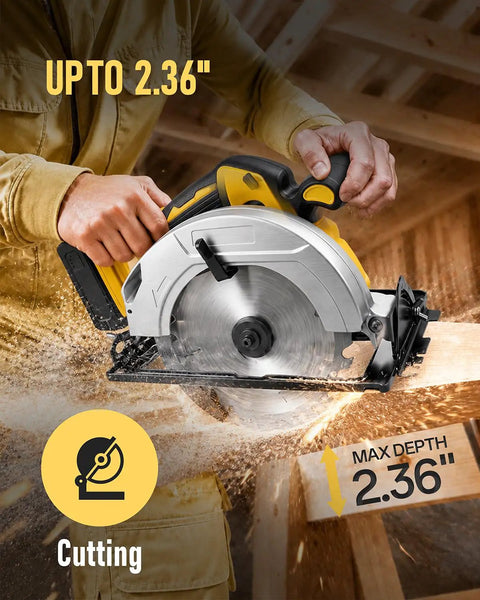 Seven And One Fourth Inch Brushless Cordless Circular Saw Heavy Duty Beast With Two Premium Blades And Rip Fence Guide Compatible With DeWalt 20v Max Battery Tool Only cutting wood with max depth 2.36 inches