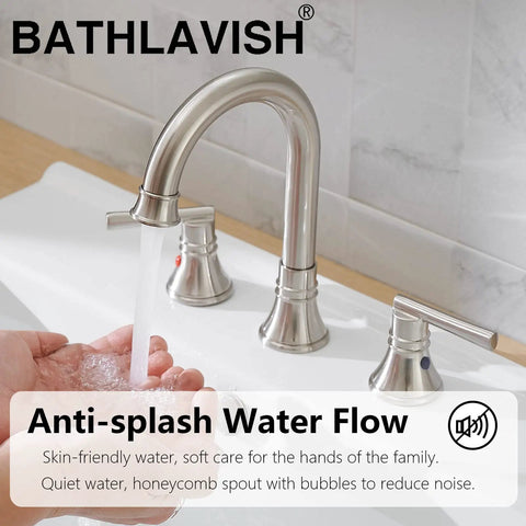 Brushed Nickel Widespread Bathroom Faucet Set 8 Inch 3 Hole With Two Handles Farmhouse Lavatory Vanity Mixer Faucet Pop Up Drain With Overflow No Brainer Remodel, water flowing from spout