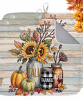 Fall Thanksgiving Dish Drying Mat Set With Pumpkin And Sunflower Pattern, Wood Grain Look, Absorbent Microfiber, Machine Washable, 16 X 18 Inches