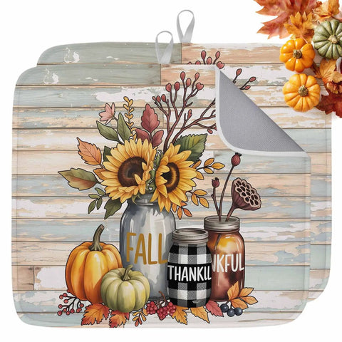 Fall Thanksgiving Dish Drying Mat Set With Pumpkin And Sunflower Pattern, Wood Grain Look, Absorbent Microfiber, Machine Washable, 16 X 18 Inches