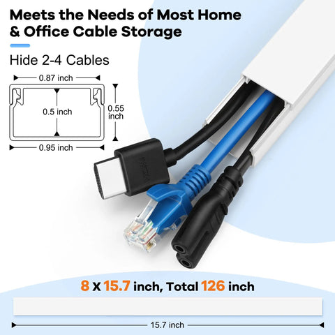 126 Inch Cord Hider Kit For TV Wall Mounts And Home Offices showing wires inside paintable white cover, 8x15.7 inch rails.