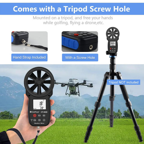 Handheld Anemometer With Digital Wind Speed Gauge And Temperature Readout mounted on tripod with screw hole, hand strap shown