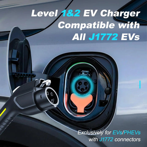 Rock Solid Level 1 And 2 EV Charger Featuring 16 Amp 3.5 Kw Quick Charge heavy-duty charging connector for J1772 EVs.