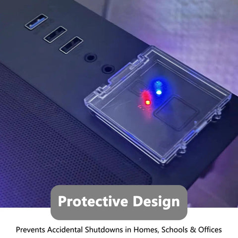 Power Button Cover Kit For PC And Home Gear, No Fuss Safety Guard Cap installed on a computer power button, protective design.