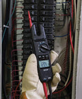 Electrician using Open Jaw Voltage Continuity And Current Tester Workhorse 600 Volt And 100 Amp With LED Worklight Backlit Display CAT IV
