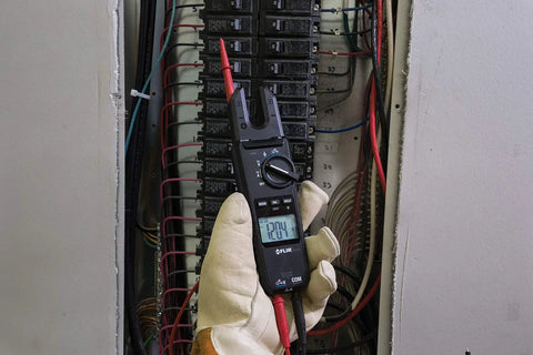 Electrician using Open Jaw Voltage Continuity And Current Tester Workhorse 600 Volt And 100 Amp With LED Worklight Backlit Display CAT IV