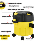 3 In 1 Wet Dry Vacuum Cleaner With 2 Peak HP Suction Portable Shop Vacuum for Garage and Car, yellow with labeled features