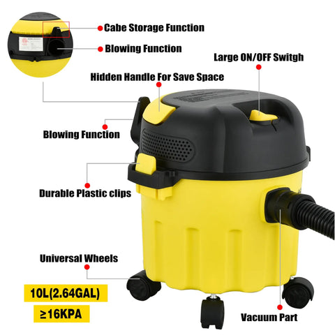 3 In 1 Wet Dry Vacuum Cleaner With 2 Peak HP Suction Portable Shop Vacuum for Garage and Car, yellow with labeled features