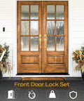 Double Front Door Handle Set With Satin Brass Exterior Lock Front Door Handle And Single Cylinder Deadbolt installed on wooden doors