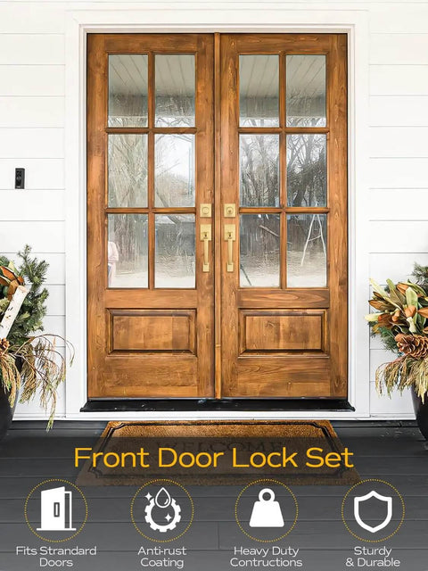 Double Front Door Handle Set With Satin Brass Exterior Lock Front Door Handle And Single Cylinder Deadbolt installed on wooden doors