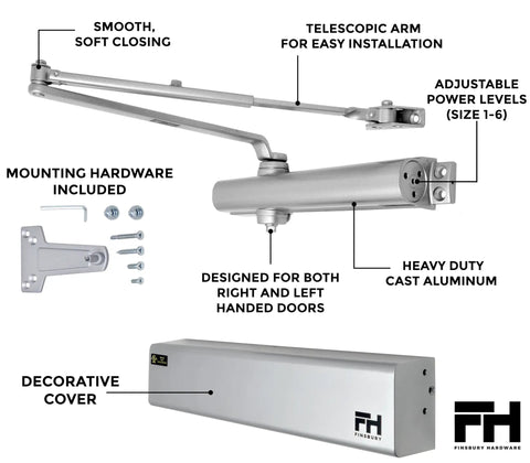 Beefed Up Commercial Door Closer Automatic For High Traffic Doors Adjustable ANSI BHMA Grade 1 UL Listed ADA Compliant Aluminum
