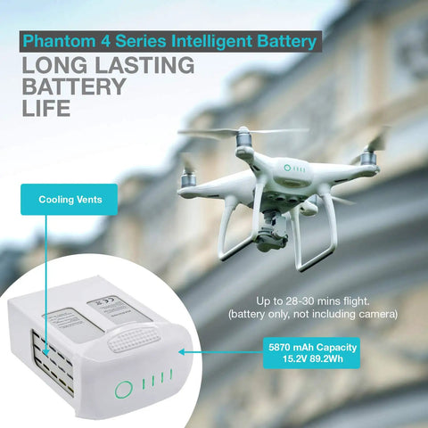 Phantom 4 drone in flight with 2 Pack High Capacity 5870mAh 15.2V Intelligent Flight Replacement Battery and cooling vents visible