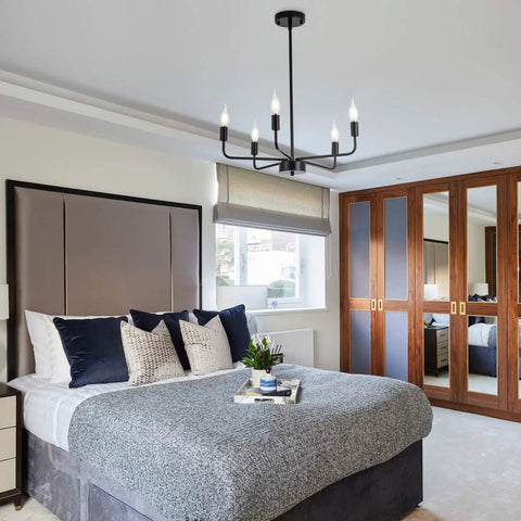 Dope Matte Black Chandelier Modern Farmhouse Candle Ceiling Light Five Light Pendant Fixture in a Bedroom
