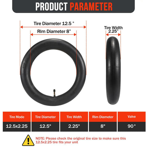 Two Pack 12.5x2.25 Inch Inner Tubes With Angled Valve For Electric Scooters; product dimensions and specifications highlighted