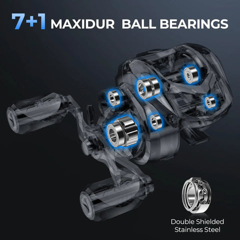 Spartacus II Plus Baitcasting Reel With DualBalance Magnetic Braking, showcasing 7+1 MaxiDur bearings for smoother casts.
