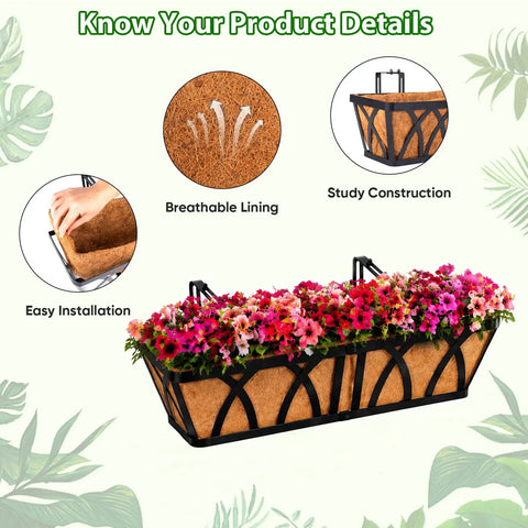 Three Pack 24 Inch Deck Railing Planter With Coconut Coir Liner For Outdoor Garden Balcony Fence Hanging Flower Planter Baskets displaying easy installation, breathable lining, and sturdy construction with vibrant flowers.