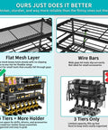 Comparison of power tool organizers; four-tier heavy-duty rack with flat mesh layer vs. three-tier with wire bars.