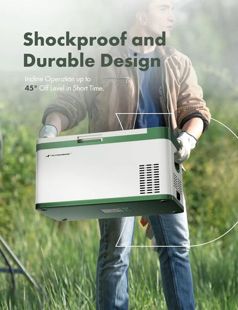 12 Volt Portable Refrigerator 21 Quart Car Fridge Cooler in use outdoors, showcasing durable design and shockproof features.