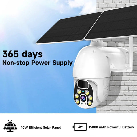 Outdoor 4G LTE Solar Security Camera With 1080P Spotlight Color Night Vision, PTZ on brick wall with 10W solar panel