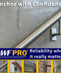 AWF PRO banner with blue background showing a stainless steel handrail mounted to a concrete wall.