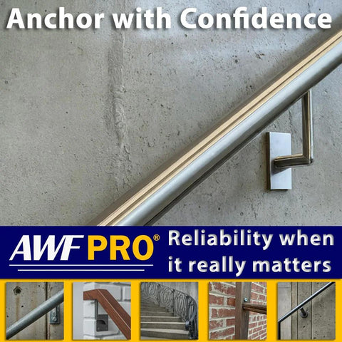 AWF PRO banner with blue background showing a stainless steel handrail mounted to a concrete wall.