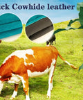 Cow grazing in field with text 'Thick Cowhide Leather' and insets showing leather texture.