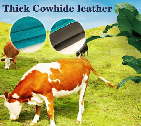 Cow grazing in field with text 'Thick Cowhide Leather' and insets showing leather texture.