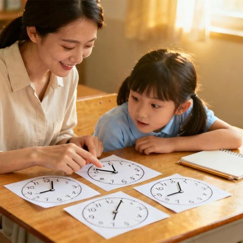Mother and daughter learning time with Two Pack Clock And Watch Model Stamps Totally Dope Craft Tool For Kiddos.