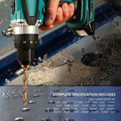 Cobalt Drill Bit Set For Hardened Metals Stainless Steel Cast Iron And Wood Plastics, 29 Pc M35 HSS Twist Bits in drill