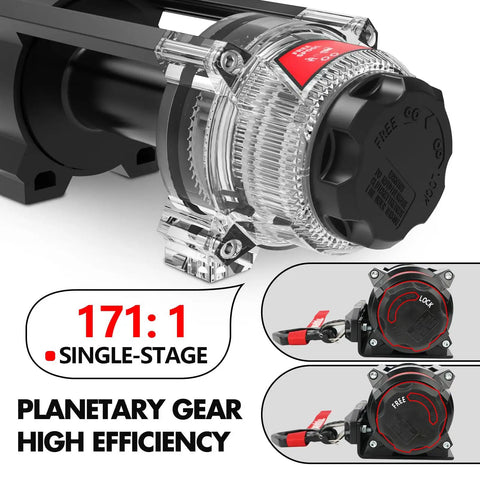 Beefy 5000 Lb 12V Electric Winch With Waterproof Synthetic Rope Hawse Fairlead Wireless And Wired Remote Mounting Plate Ideal For ATV UTV Boat Trailer Winching with 171:1 gear and free-lock switch