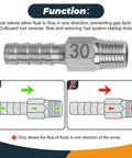 Anti Siphon Fuel Line Valve For Boats And Marine Fuel Tanks With Hose Barb Aluminum Fitting To Prevent Siphoning And Leak Prevention On Boat Engines Cars Caravans Ships And Gas Tanks shown with directional flow diagram and aluminum construction detail.