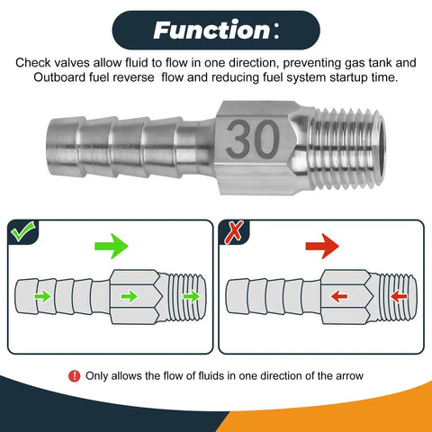 Anti Siphon Fuel Line Valve For Boats And Marine Fuel Tanks With Hose Barb Aluminum Fitting To Prevent Siphoning And Leak Prevention On Boat Engines Cars Caravans Ships And Gas Tanks shown with directional flow diagram and aluminum construction detail.