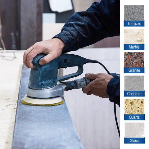 Worker using 3 Piece 4 Inch Diamond Polishing Pad Set Wet Or Dry 50 To 6000 Grit For Granite Marble Stone Polishing On Grinder