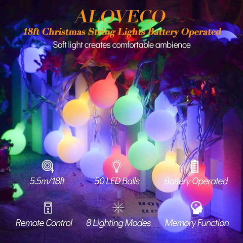 Battery Powered Globe String Lights Remote Dimmable 18Ft 50 LEDs Waterproof Multicolor Fairy Lights For Indoor Outdoor Decor Bedroom Garden Party Christmas Tree 8 Modes To Create Lit Cozy Vibes