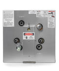 Back view of Premium 11 Gallon Marine Electric Water Heater 120 Volt with warning labels and connection ports.
