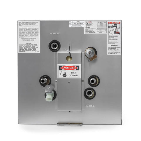 Back view of Premium 11 Gallon Marine Electric Water Heater 120 Volt with warning labels and connection ports.