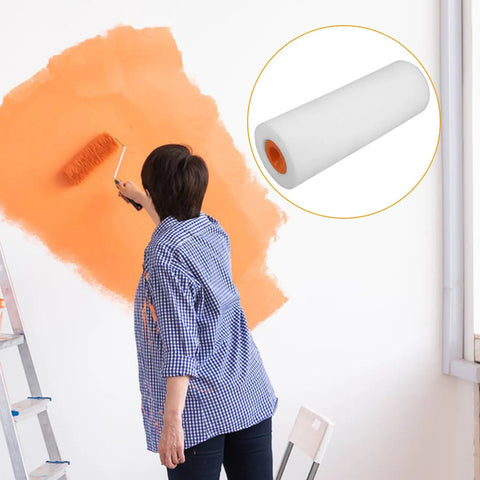 Top Pro Level Paint Roller Brush Head With Padded Handle For Zero Sweat Wall Covering And Sharp Trim Work A True Home Reno Game Changer For Swift Finish Efforts in use, painting an orange wall.