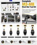 Rivet Nut Tool Kit for Carbon Steel M3 Through M8 with Drill Adapter and 5 Mandrel Heads plus Cr-Mo Steel Hex Drivers, All-In-One Rivet Nut Installation Set for Fast, Pro-Grade Repairs and Projects. M3-M8 kit in case